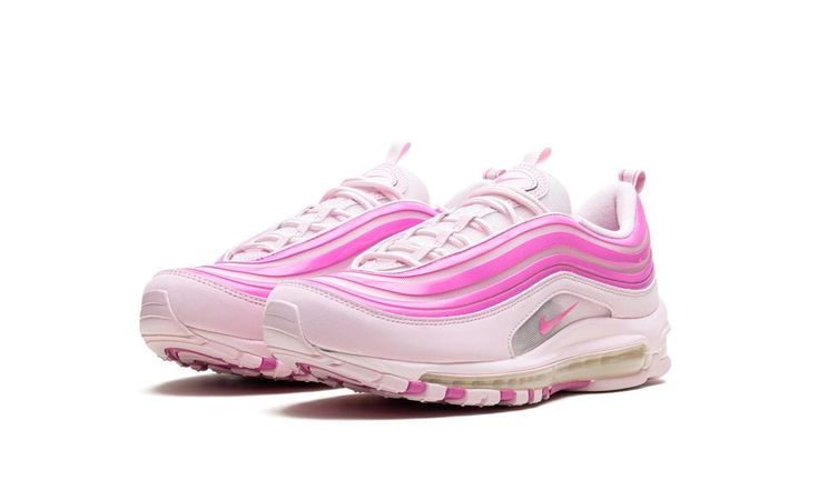 The Nike Air Max 97 "Pink Foam" is a colorway of the retro running shoe with an eye-catching pink design.  From Nike’s Spring 2024 collection, the Air Max 97 “Pink Foam” turns heads with a candy paint inspired design that includes Pink Foam wavy overlays, and more.  Specifically, the shoe features a lighter shade of pink on its base, and pink Swoosh branding on either side in the middle of the mudguard.  A full-length Air cushioning unit appears in the midsole, while more pink accenting appears on the rubber outsole. Nike Air Max 97 Pink, Retro Running Shoes, Nike X Travis Scott, Foams Shoes, Candy Paint, Jordan 8, Jordans Women, Kids Converse, Jordan 2