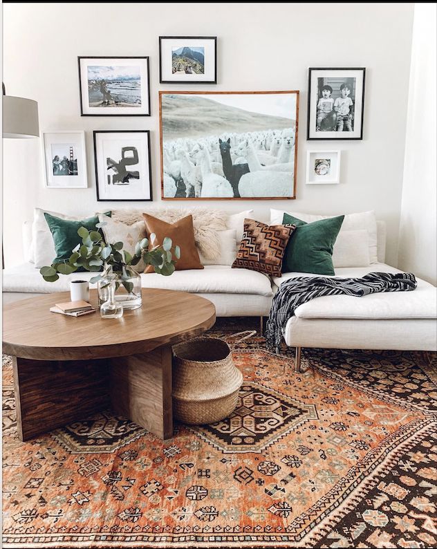 a living room filled with lots of furniture and pictures on the wall above it's coffee table