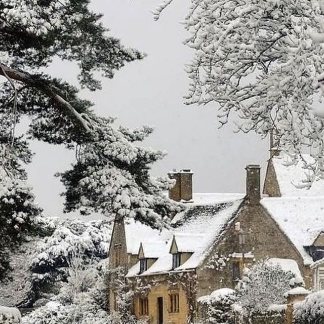 a large house covered in snow next to trees