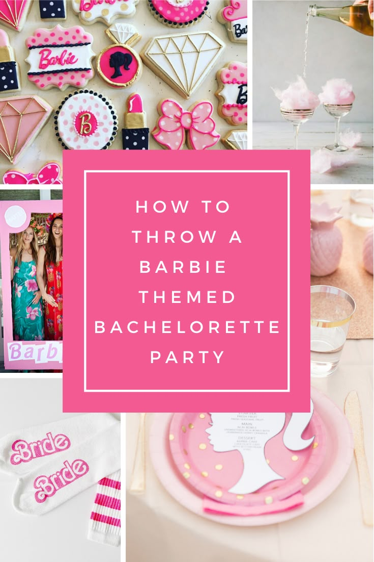 how to throw a barbie themed bachelor bachelor party with pink and white decorations, cupcakes, cookies, and more