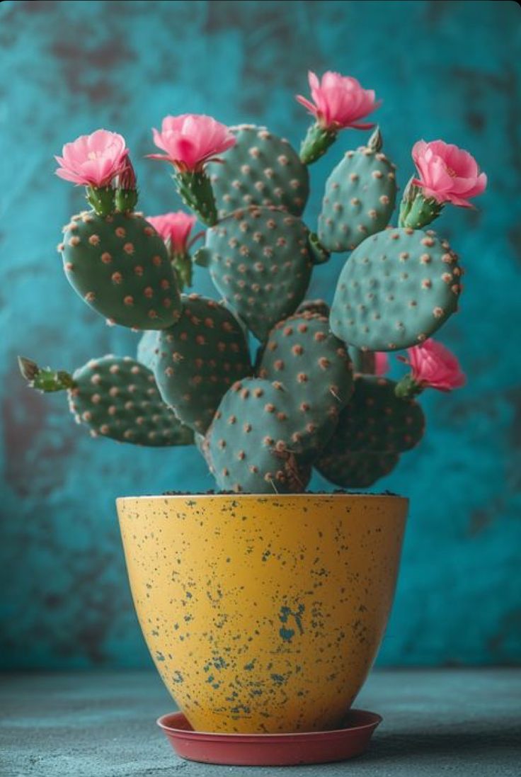 a small cactus in a yellow bowl with pink flowers on the top, against a teal background