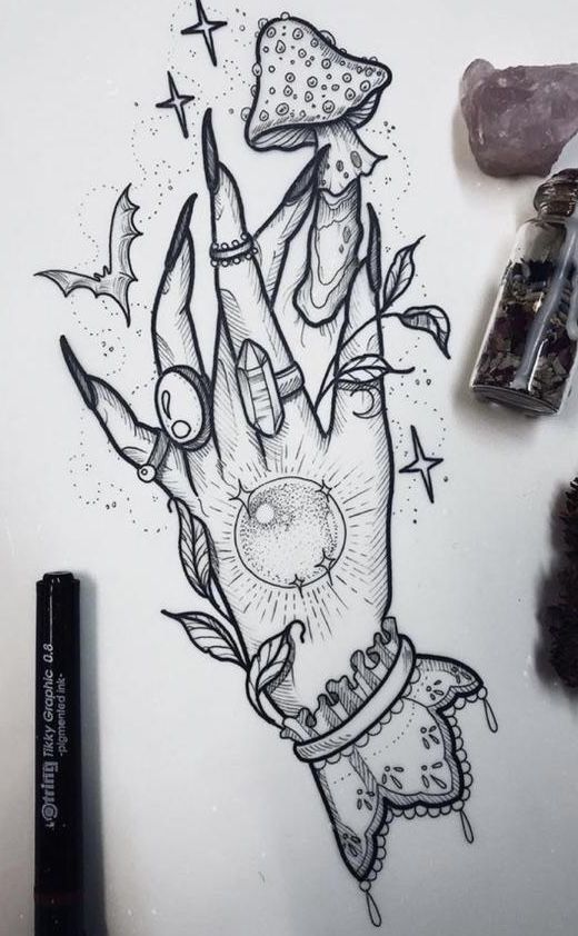 an ink drawing of a hand reaching up to the sky with stars and mushrooms on it