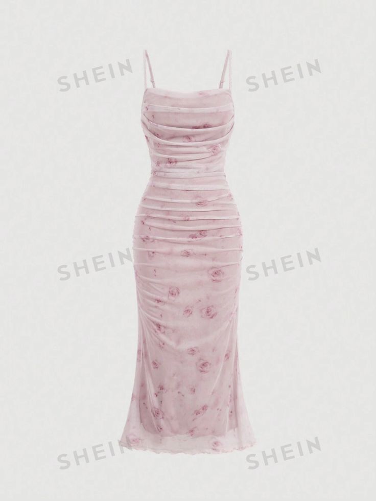 SHEIN MOD Summer Pink Floral Print Ruched Mesh Cami Long Dress | SHEIN USA Bday Outfits Summer, Long Floral Dress Outfit Summer, Long Floral Dress Outfit, Floral Dress Outfit Summer, Floral Dress Outfits, Floral Dresses Long, Full Length Dress, Pink Floral Print, Guest Dress