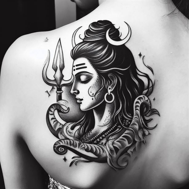 the back of a woman's shoulder with an intricate tattoo design on her body