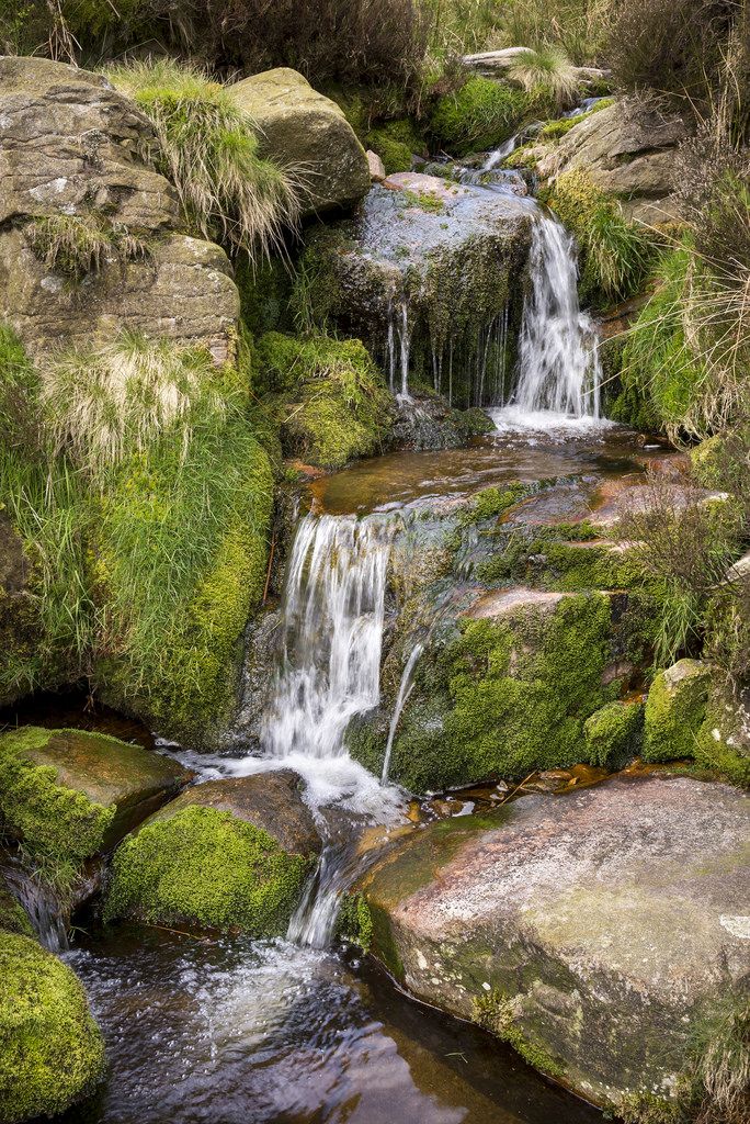 a small waterfall flowing over rocks covered in green moss