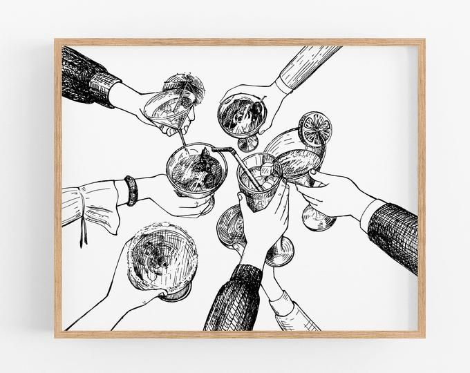 a black and white drawing of people holding wine glasses in the middle of a circle