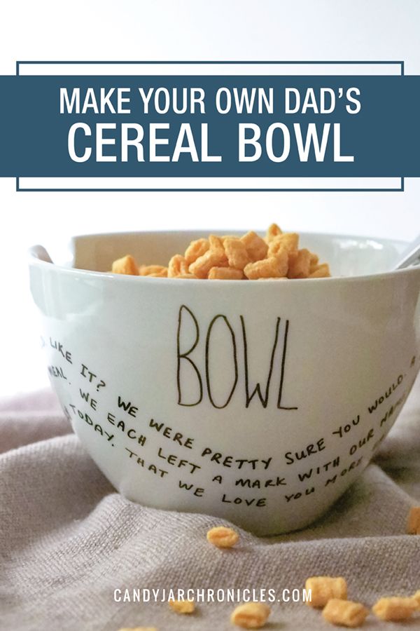 a bowl full of cereal with the words make your own dad's cereal bowl