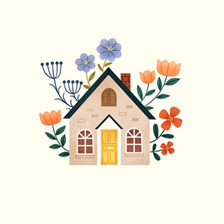 a house with flowers and leaves on the front, surrounded by orange and blue flowers