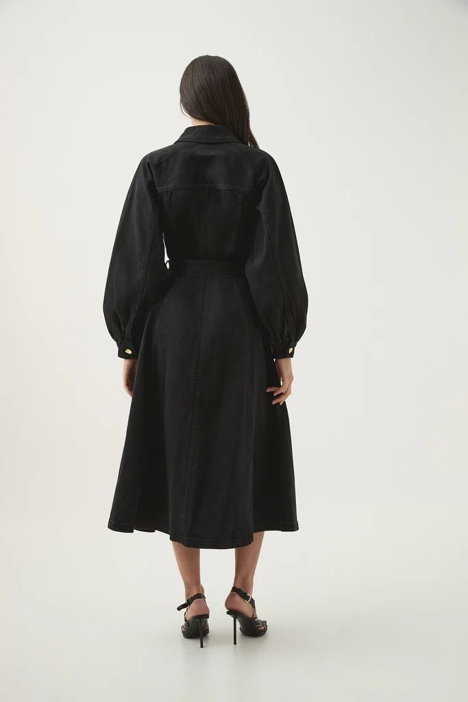 Maya Denim Midi Dress | Black | Aje – Aje ROW Elegant Collared Denim Dress For Work, Knee-length Denim Workwear Dress With Buttons, Knee-length Denim Dress With Buttons For Work, Elegant Denim Dress With Button Closure For Work, Knee-length Shirt Dress With Buttoned Pockets For Work, Elegant Belted Dress With Pockets For Work, Office Midi Dress With Pockets Knee-length, Office Knee-length Midi Dress With Pockets, Midi Workwear Dress With Button Closure