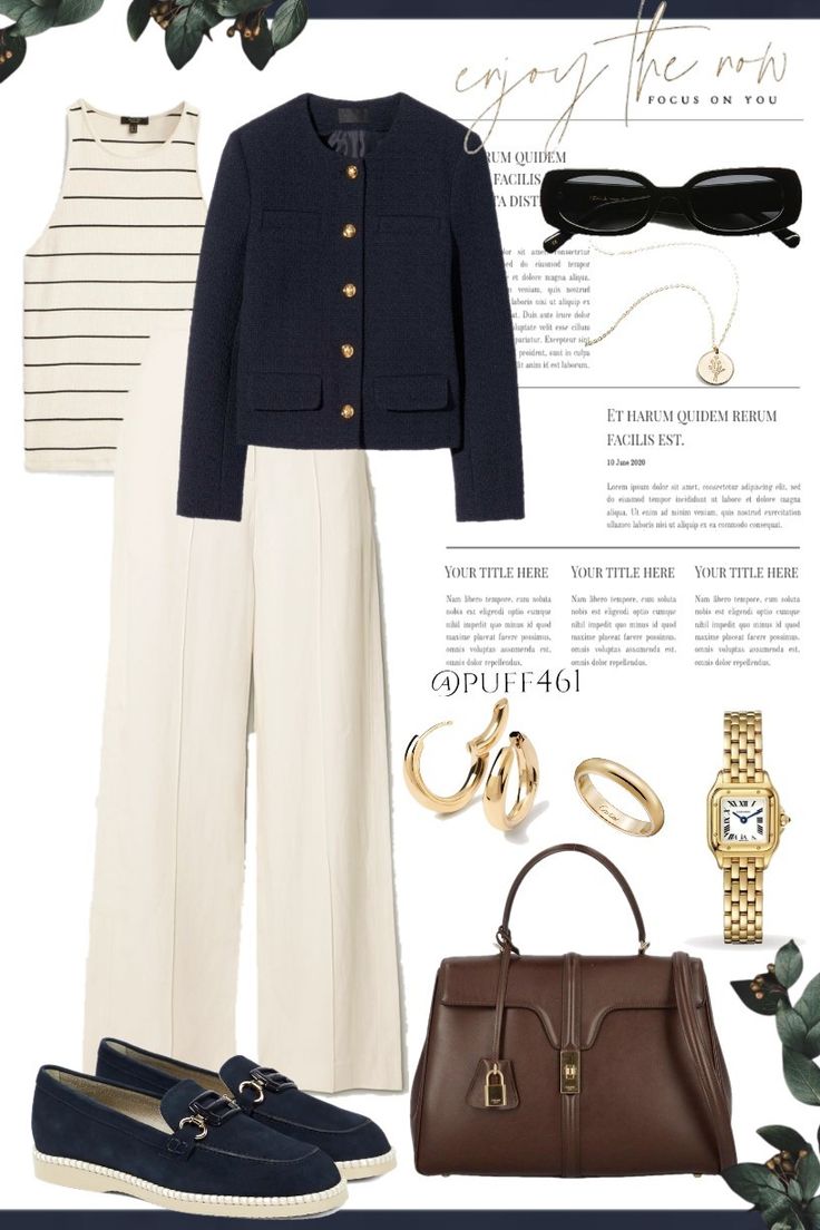 Minimal Elegant Outfit, Elegant Travel Outfits Classy, Oldmoney Outfit Woman Winter, What To Wear With Navy Pants, Navy Blue And Cream Outfit, How To Style Cream Pants, Navy And Cream Outfit, Navy Work Outfit, Navy And White Outfit