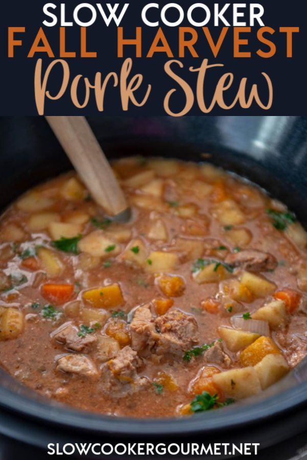 slow cooker fall harvest pork stew with text overlay