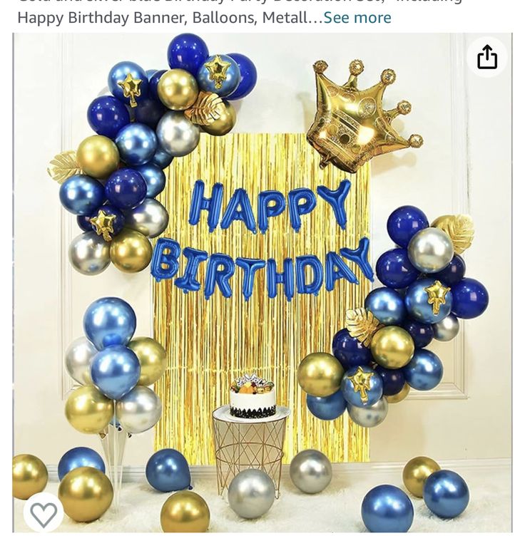 a birthday cake surrounded by balloons and streamers with the words happy birthday written on it