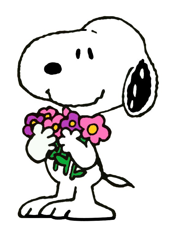 a drawing of a snoopy holding flowers in his hands and looking at the viewer