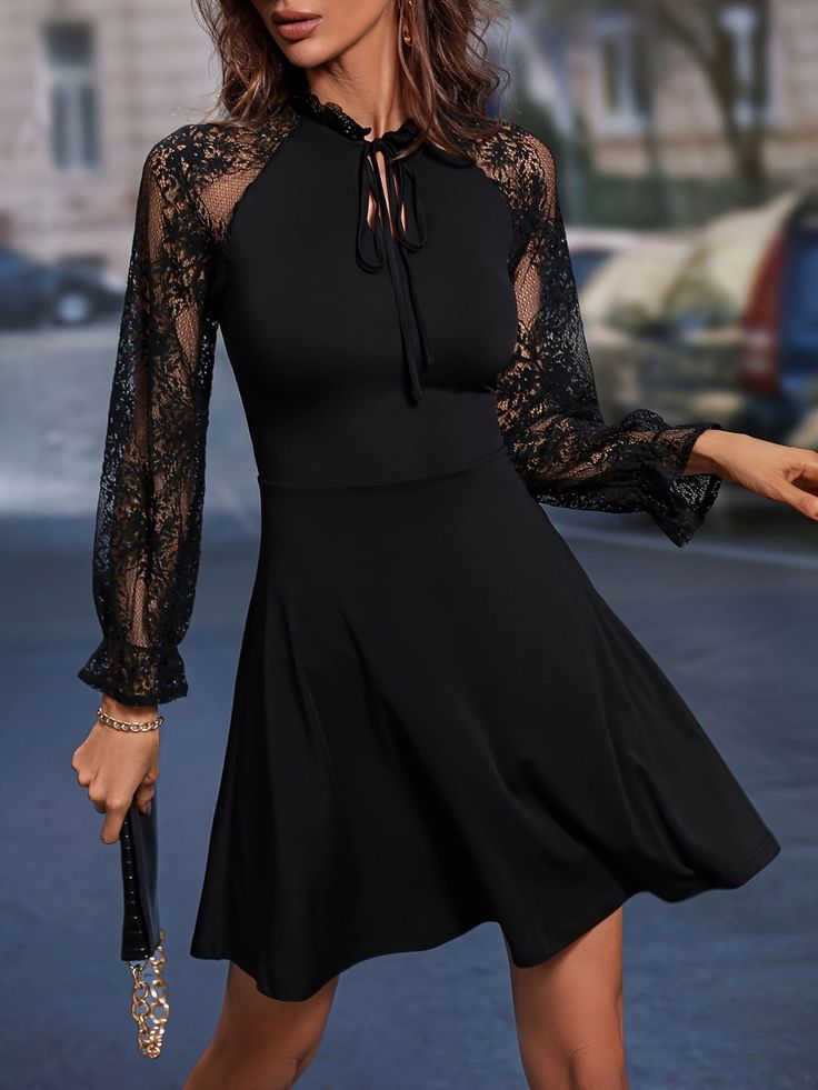 Features: Lace  Sheer: Semi-sheer  Stretch: No stretch  Body: Not lined  Material composition: 100% polyester  Care instructions: Machine wash cold. Tumble dry low.  Imported   Size Us Size Length Bust Sleeve Length S 4 33.9 30.3 27.6 M 6/8 34.4 32.3 28 L 10/12 35 34.3 28.3 XL 14 35.6 36.2 28.7 2XL 16 36.2 38.2 29.1 Dress Sheer Sleeves, Lace Outfits, Lace Tie, Lantern Sleeve Dress, Maxi Dress Formal, Flounce Sleeve, Formal Evening Dresses, Sheer Sleeves, Lantern Sleeves