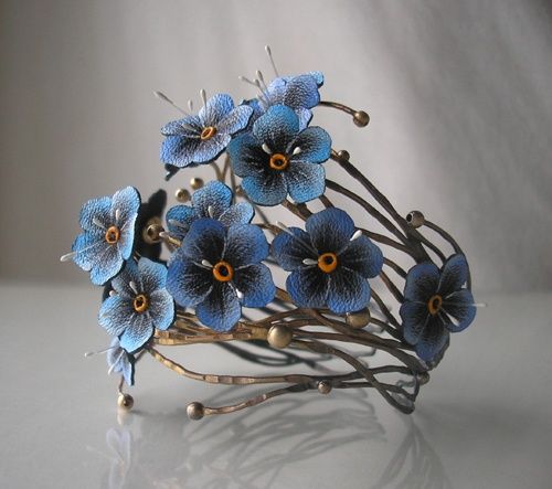 Floral Jewellery, Fantasy Jewelry, Blue Flower, Cultured Pearls, Cute Jewelry, Clay Jewelry, Silver Beads, Jewelry Art, Headpiece