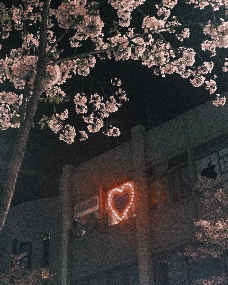 a heart shaped sign on the side of a building with cherry blossom trees around it