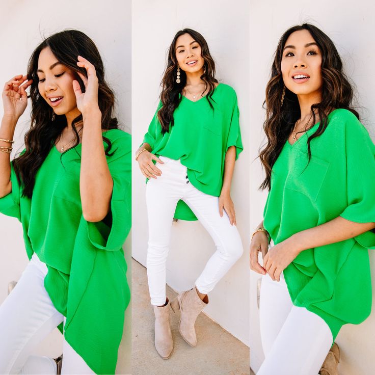 bold colors make the most fun outfits 🤩 ---> Couldn't Be Better bright Green Top Trendy V-neck Top For Vacation, Trendy Oversized V-neck Blouse, Oversized Green V-neck Top, Versatile V-neck Top For Spring Day Out, Trendy V-neck Vacation Tops, Chic Relaxed Fit V-neck Top For Day Out, Chic V-neck Top For Vacation, Chic V-neck Vacation Tops, Green Relaxed Fit V-neck Blouse