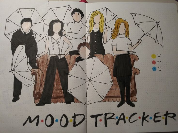 an open book with drawings of people and umbrellas on it that says mood trackerr