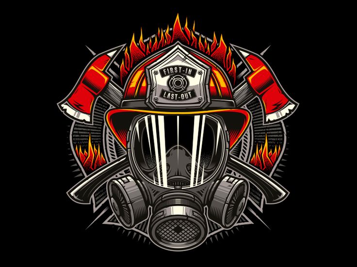 a firefighter's helmet with flames in the background on a black background illustration