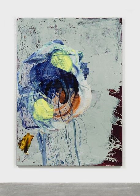 an abstract painting with blue and yellow colors