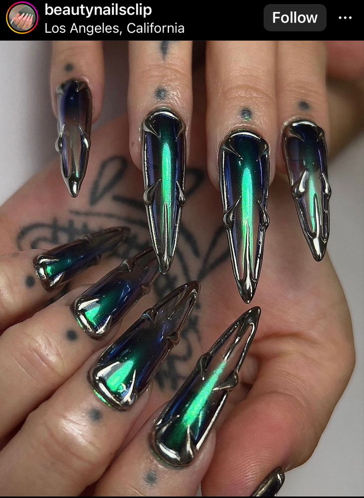 Siren Nails Aesthetic, Weird Nail Designs, Crazy Nail Art Designs, Style A Leather Jacket, Crazy Nail Designs, Witch Nails, Crazy Nail Art, Futuristic Armor, Nails Yellow