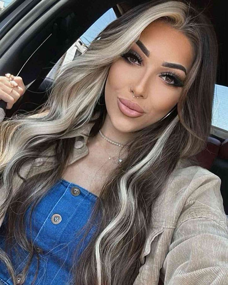 Dark Brown With Platinum Money Pieces, Front Blonde Pieces, Blonde Patch In Front Of Hair, Thick Money Piece Hair Brunette, Top Half Blonde Bottom Half Brown Hair, Priscilla Block Hair, Blonde And Brown Hair Color Ideas, Blonde Pieces In Dark Hair, Halo Blonde Hair With Brown