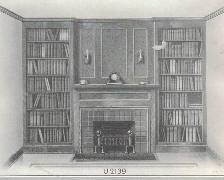 an old drawing of a fireplace with bookshelves