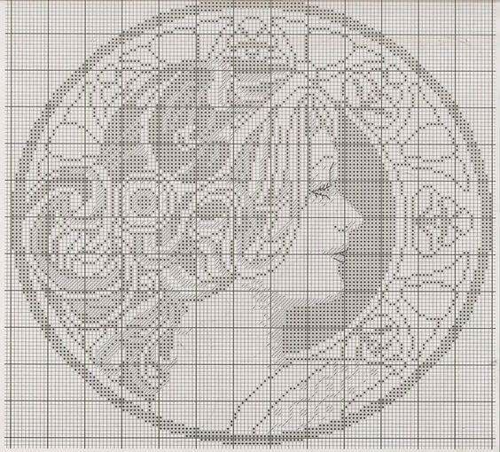 a cross stitch pattern with a woman's face in the center