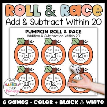 the roll and race game with pumpkins for addition to subtract within 20