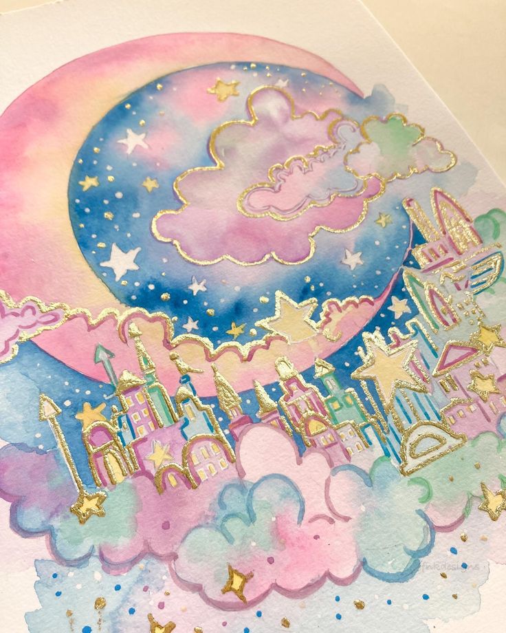 watercolor and ink drawing of a castle in the sky with clouds, stars and moon