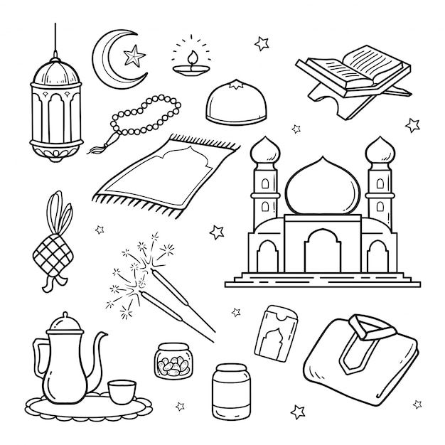 an illustration of islamic symbols and their meanings in black and white, with stars on the background