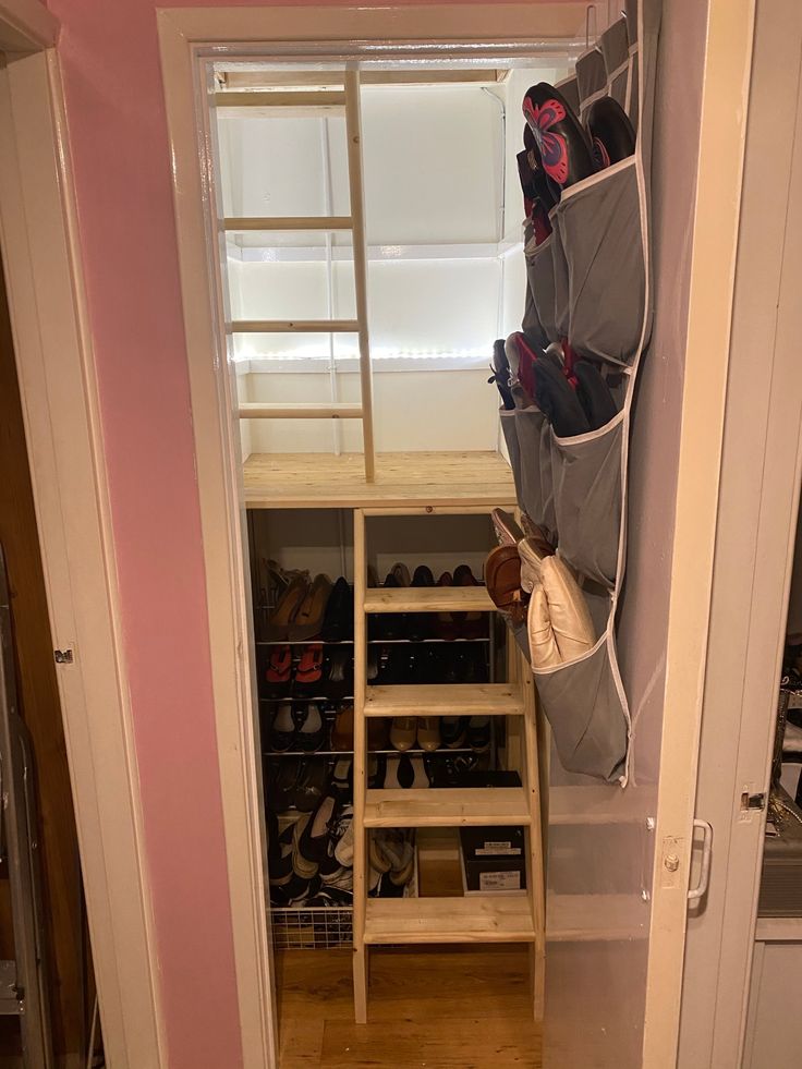 the closet is filled with shoes and other things to use as storage space for shoes