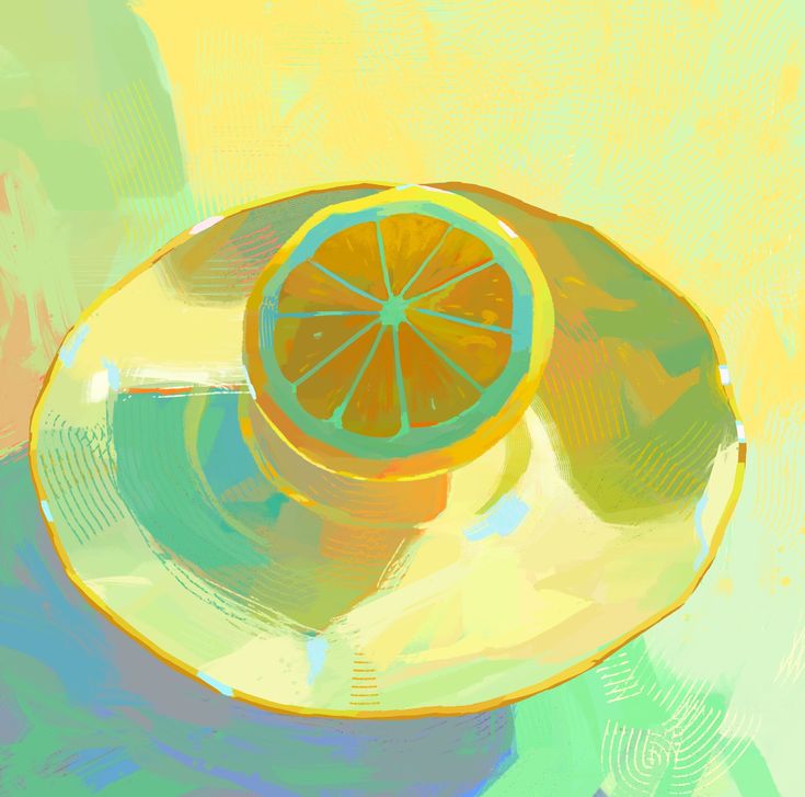 an orange sitting on top of a plate with a slice of fruit in the middle