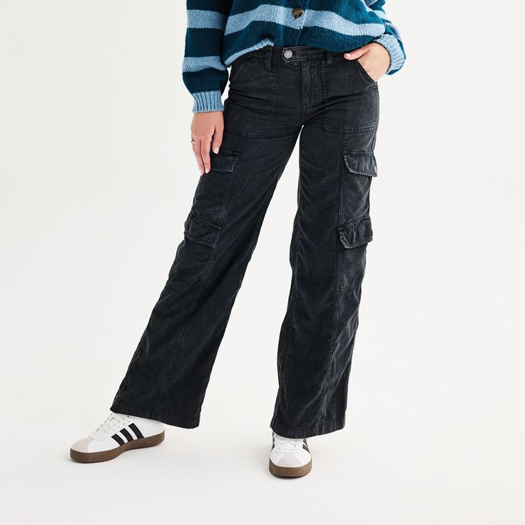 Update your wardrobe in a fresh and stylish way with these low-rise wide leg cargo pants from SO.Click on this WOMEN'S GUIDE to find the perfect fit and more! Update your wardrobe in a fresh and stylish way with these low-rise wide leg cargo pants from SO. Click on this WOMEN'S GUIDE to find the perfect fit and more! FEATURES Button closure and zipper fly 6 pockets Straight hem UnlinedFIT & SIZING 31-in. inseam 11 1/2-in. straight leg opening Low rise sits on the hip Relaxed fit through the hip Wide Leg Cargo Pants, Black Cargo Pants, Update Your Wardrobe, Black Cargo, Bottom Clothes, Cute Black, Bottoms Pants, Cargo Pants, Low Rise