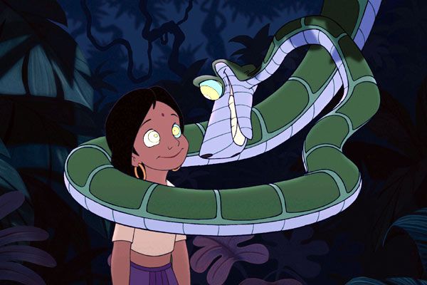 an animated character holding a large snake in the jungle with trees and plants behind her