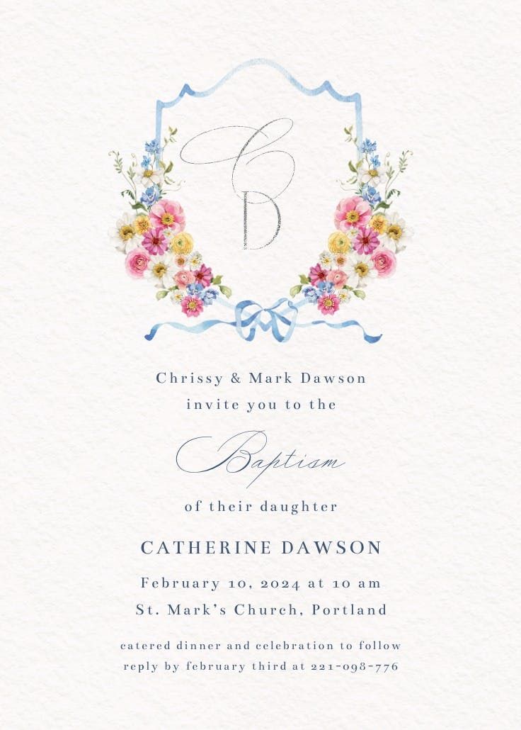 a wedding card with flowers and the letter b in blue, pink, yellow and white