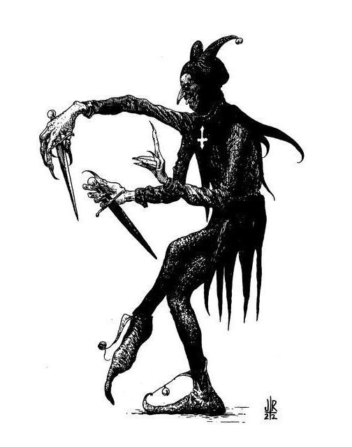 a black and white drawing of a demon holding a knife