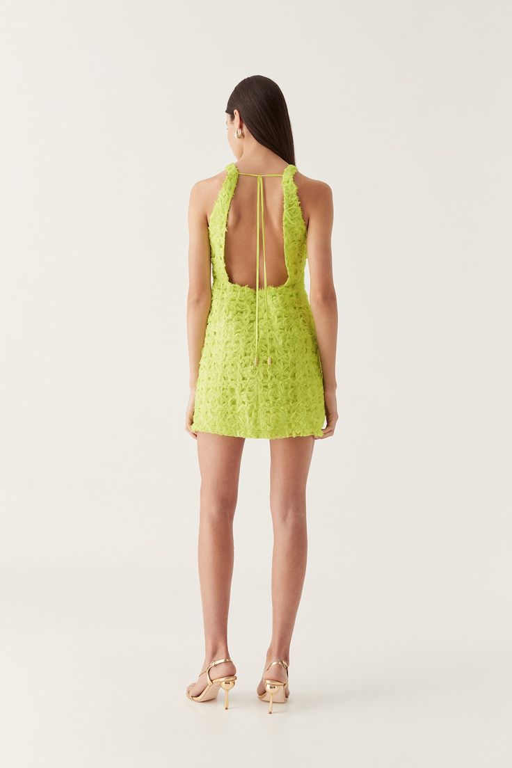 Quintette Textured Mini Dress Green Sleeveless Dress With Lace-up Back, Sleeveless Green Dress With Lace-up Back, Mini Length Dress With Lace-up Back For Casual Wear, Mini Length Dress With Lace-up Back For Casual Occasions, Mini Dress With Lace-up Back For Casual Occasions, Spring Mini Dresses With Back Opening, Green Backless Dress For Casual Wear, Summer Cocktail Dress With Lace-up Back, Sleeveless Cocktail Mini Dress With Lace-up Back