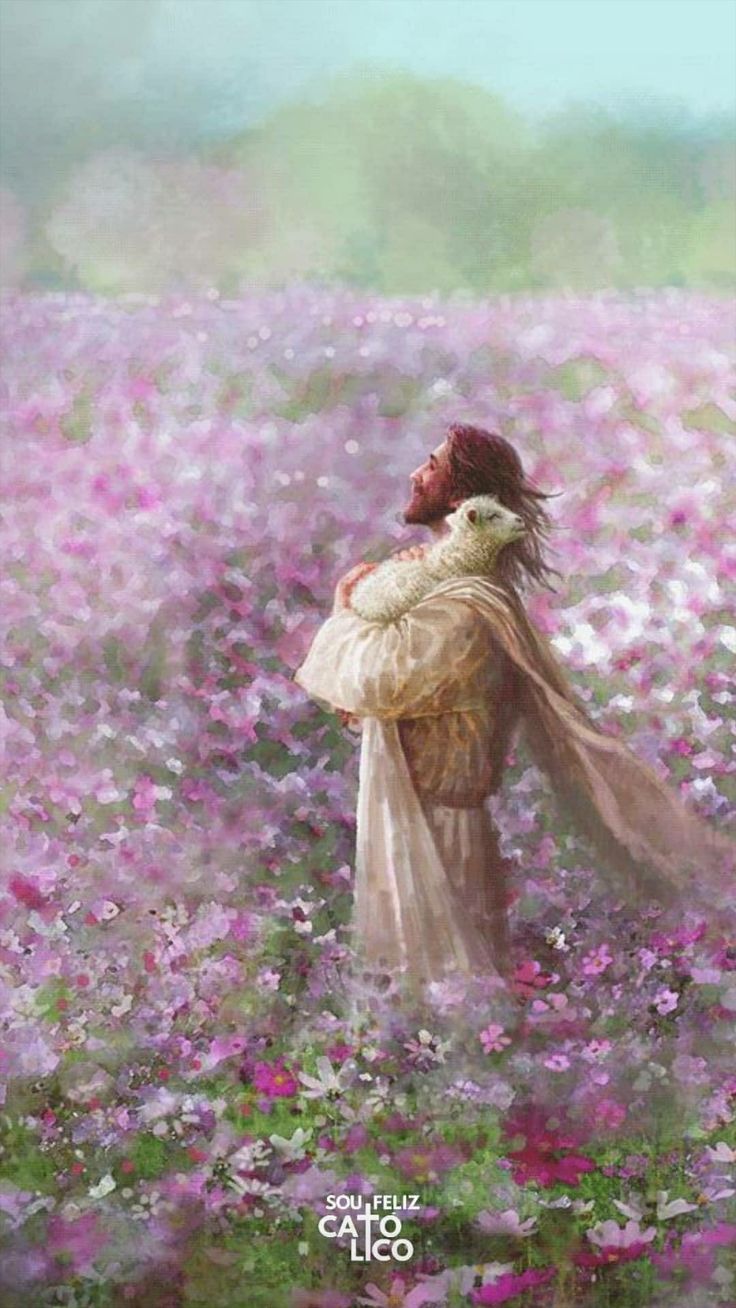 a painting of a woman in a field of flowers with her arms wrapped around her body