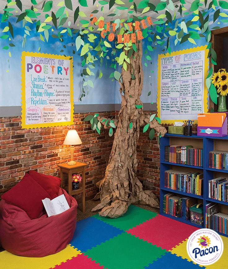 an image of a classroom with bookshelves and a tree on the wall in front of it