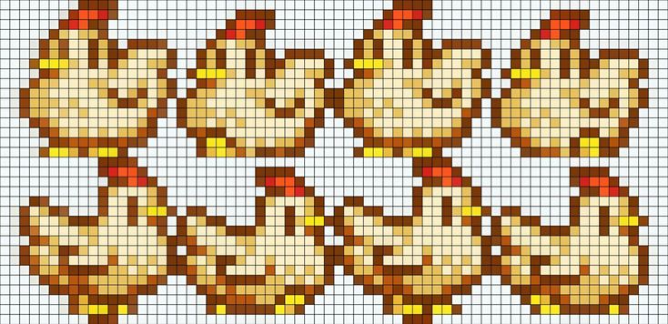 an image of some pixellated chickens on a white background with red and yellow dots