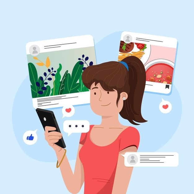 a woman holding a smart phone in her hand and surrounded by social media icons on the wall