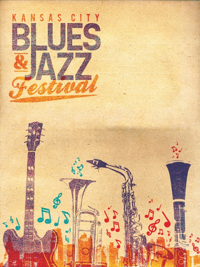 an advertisement for the kansas city blues and jazz festival, with musical instruments on it