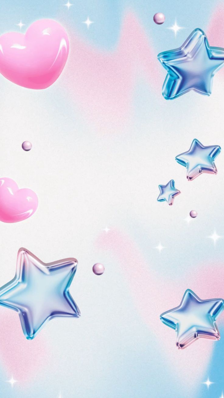 several shiny stars and bubbles floating in the air on a blue, pink and white background