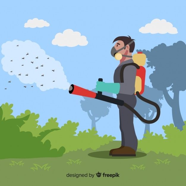 a man with a backpack is spraying pests on trees