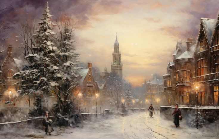 a painting of people walking down a snowy street