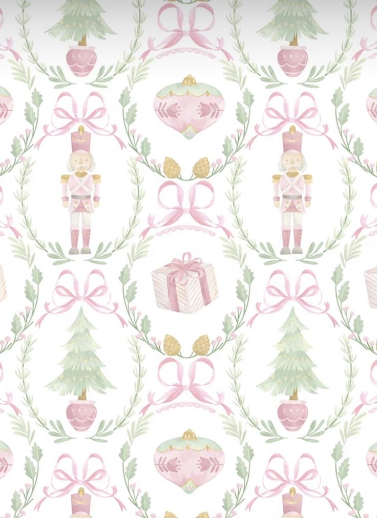 a wallpaper with pink and green christmas decorations on it's sides, including a nutcracker