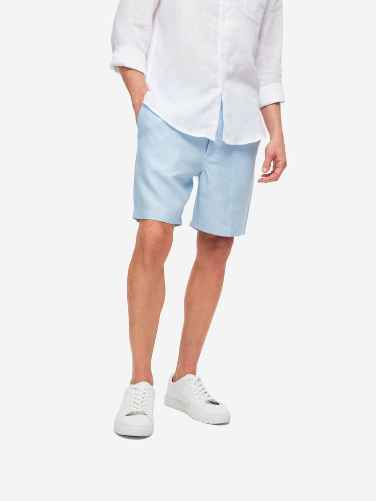 Our Sydney 2 shorts in light sky blue are cut for a regular fit for the perfect, warm weather ready style. We have developed a mid-weight, beautifully soft and breathable pure linen that will keep you cool and comfortable in even the hottest of conditions. This made in Italy fabric is finished by being piece-dyed before construction for a bright and vibrant pure blue. The Sydney 2 short features a curved back yoke for a great fit and an elasticated waistband with drawcord for comfort. The front Relaxed Fit Linen Bermuda Shorts With Short Inseam, Linen Bermuda Shorts With Relaxed Fit, Spring Linen Bermuda Shorts With Short Inseam, Light Blue Bottoms With Built-in Shorts And Relaxed Fit, Linen Bermuda Shorts For Spring, Casual Linen Bermuda Shorts, Spring Linen Bermuda Shorts, Cotton Bermuda Shorts In Light Wash, Blue Bermuda Shorts With Relaxed Fit