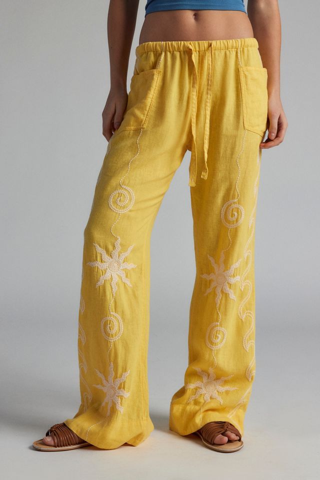 UO Amelie Embroidered Linen Pant Trendy Cotton Pants, Trendy Pants Linen, Unique Pants Cotton, Boho Cotton Pants, Cheap Urban Outfitters Summer Pants, Boho Patch Pants, Emboridered Fabric, Yellow Linen Pants, Florida Outfits