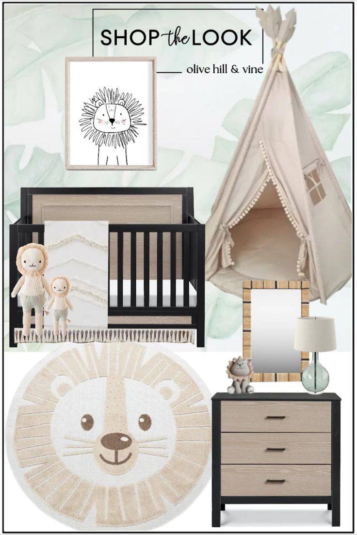 a baby's nursery room is shown in beige and white with an animal theme